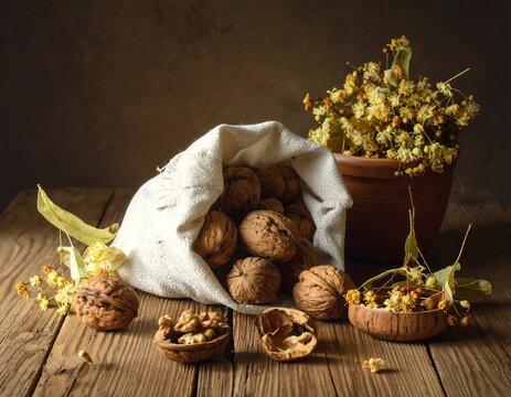 Still life composition featuring walnuts spilling from a cloth bag, with dried flowers and wooden bowls on a rustic wooden surface