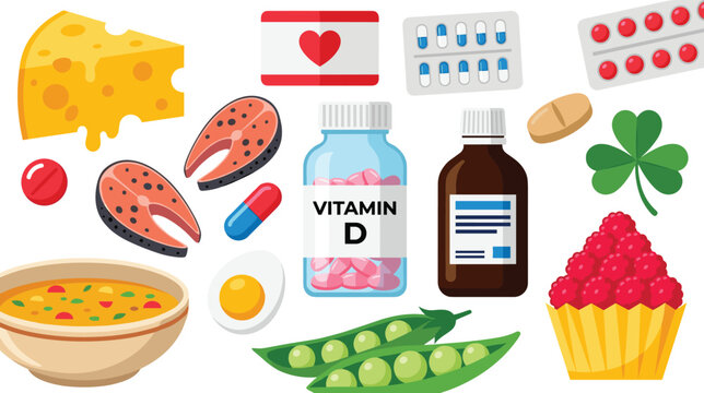 Vitamin D healthcare element vector illustration set featuring supplement bottles pills capsules and natural food sources like salmon cheese and eggs