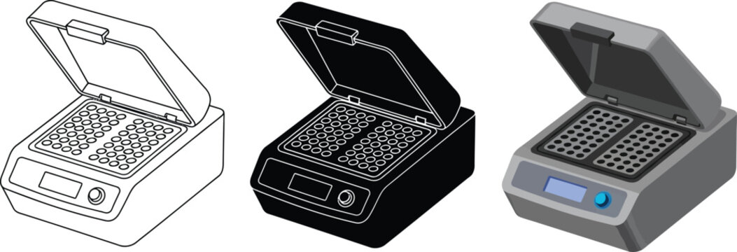 Set of thermal cycler or PCR machine vector illustrations featuring outline silhouette and colored isometric views ideal for molecular biology and lab equipment designs