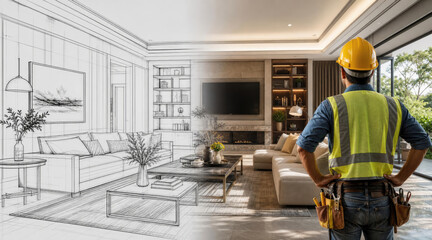 Fototapeta premium Blueprint to Reality: Modern Living Room Renovation Project