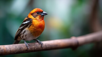 Obraz premium A vibrant orange and black bird perches elegantly on a bamboo stick, showcasing the beauty of avian life amidst a lush green backdrop in a captivating natural environment.