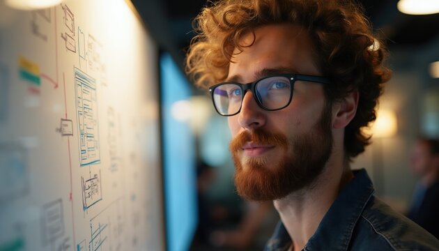 Man with glasses studies flow chart on wall. He plans project strategy, works on system design. Team member analyzes workflow on whiteboard in office meeting.