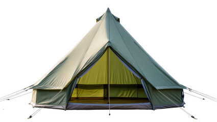 Green canvas bell tent with open entrance and guy ropes © Paul
