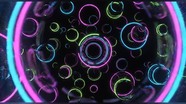 Glowing neon circles on black background.