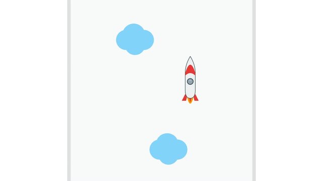 Animated Rocket Launching into Sky Through Moving Clouds Cartoon Style