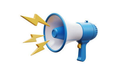 Blue and white megaphone with yellow lightning bolts