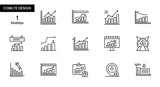 Financial analytics and business growth data chart icons.