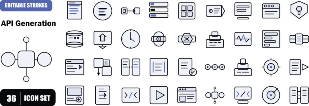 A premium set of 36 flat outline icons covering OpenAPI specification, mock server infrastructure, automation pipelines, and developer workflow for API generation. Designed for brand identity, develop