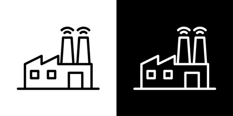 Obraz premium Smart factory icon outline style with industrial building & signal wave elements for smart manufacturing, AI industry, automated production, IoT factory & tech automation.