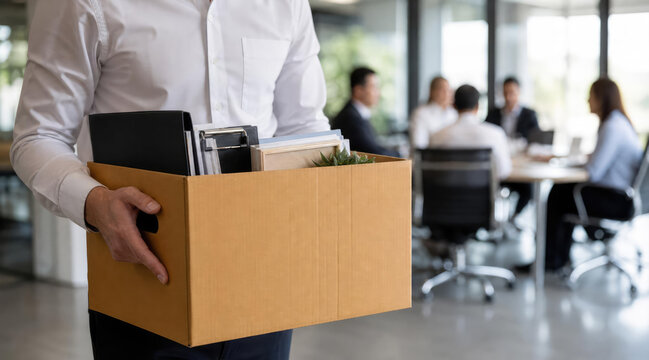 Employee Leaving Office with Personal Belongings After Job Termination