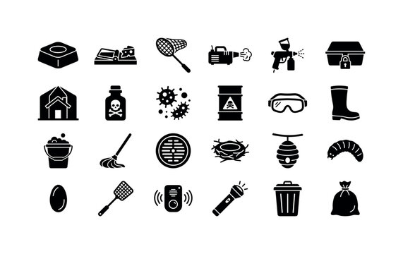 Vermin Service Icons. Solid glyph icon set of pest removal equipment: roach bait, snap trap, bug net, fogger machine, spray gun, bait station, fumigation tent, poison bottle, germ particle, toxic