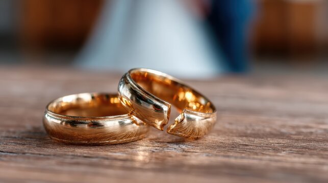 A close-up shot of two intertwined wedding rings resting on a wooden surface, representing love, commitment, and the bond shared between partners for life.