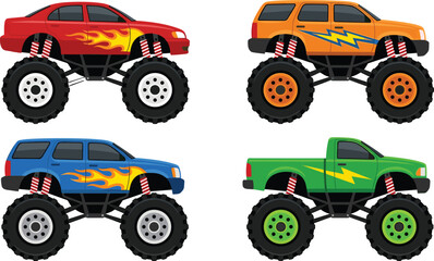 Monster truck vector illustration set featuring extreme custom vehicles with huge tires fire flames and lightning bolt decals isolated on white © MeheDi