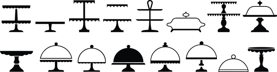 Black silhouette icons of cake stands and serving trays featuring tiered levels, dome covers, scalloped edges, and decorative bases for dessert presentation © Amina