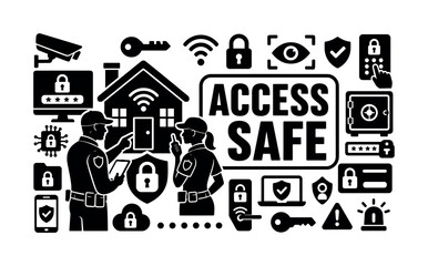 Fototapeta premium Security Guard Safety. Solid glyph stock banner of security guard cyber security password smart home safety data protection key shield lock unlock eye access: oversized guard shield and access lock