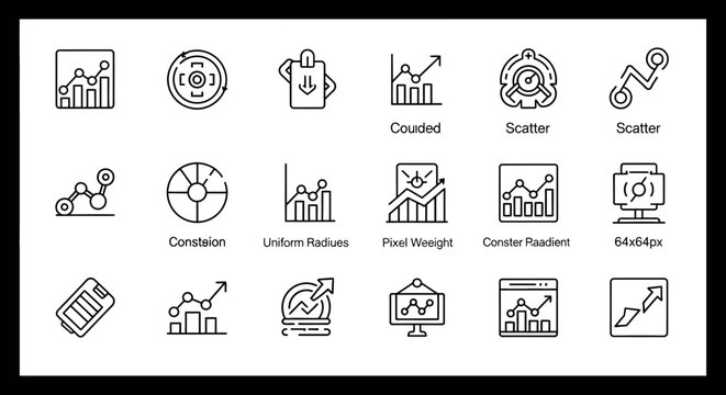 Data analysis and visualization chart line icon collection.