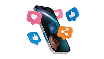 Smartphone with social media like heart, and share icons floating © Paul