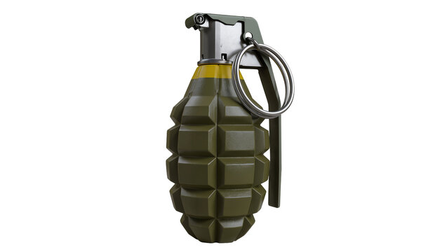 Olive green fragmentation hand grenade with yellow band and metal ring