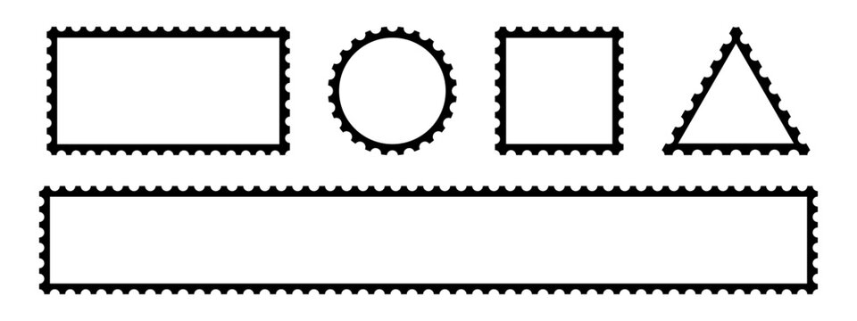 Set of postal stamps templates isolated on white background. Empty mail stickers with serrated edges for letter or postcard delivery. Vector flat illustration.