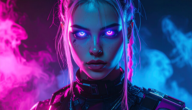 Cyberpunk woman with glowing eyes in neon smoke