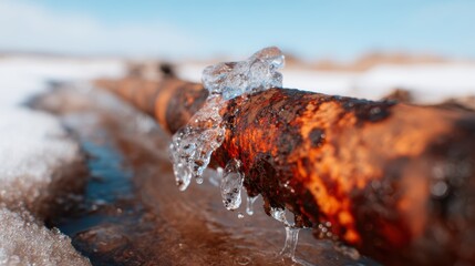 Fototapeta premium A close-up of a rusty pipe partially embedded in snow, with glistening melting ice that captures the stark contrast between decay and the beauty of winter.