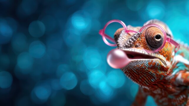 A whimsical chameleon wearing pink glasses, blowing a bubble, captures a sense of playfulness and humor, showcasing vibrant colors and unique character.