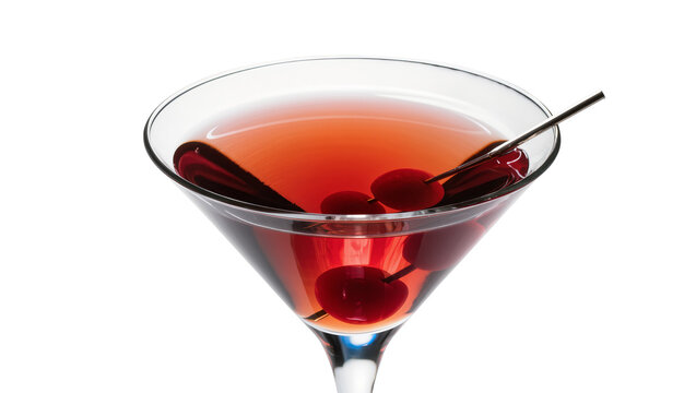 Red cocktail with cherries in martini glass