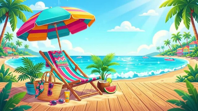 Colorful beach chair with striped towel under vibrant umbrella on wooden deck. Tropical seaside setup with palm trees ocean view sunglasses bag sunscreen watermelon and coconut drink. Summer vacation