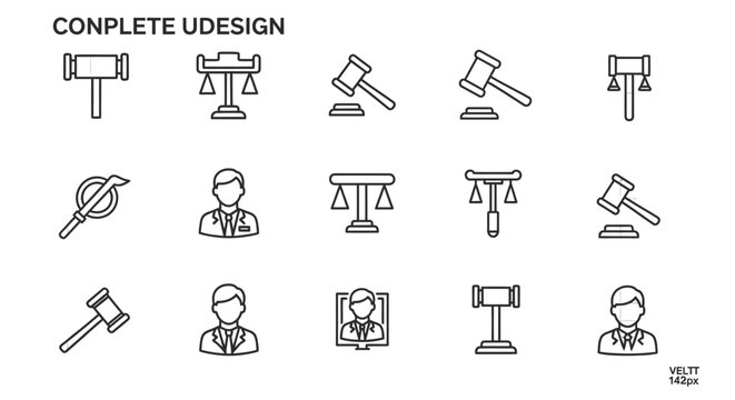 Law system and judicial professional outline icon set.