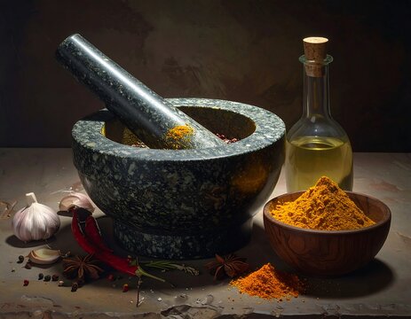 Still life composition with mortar & pestle, oil bottle, bowls filled with spices and ingredients. The scene includes garlic and peppers