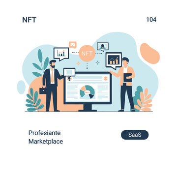 Business people analyzing NFT marketplace data on computer screen.