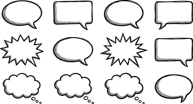 Set of twelve speech and thought bubble icons in black and white