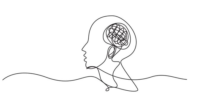 Head with confused thoughts one line art animation, hand drawn continuous contour drawing motion. Mental health concept, muddled feelings,worry and anxiety online,template outline.4k self-drawing