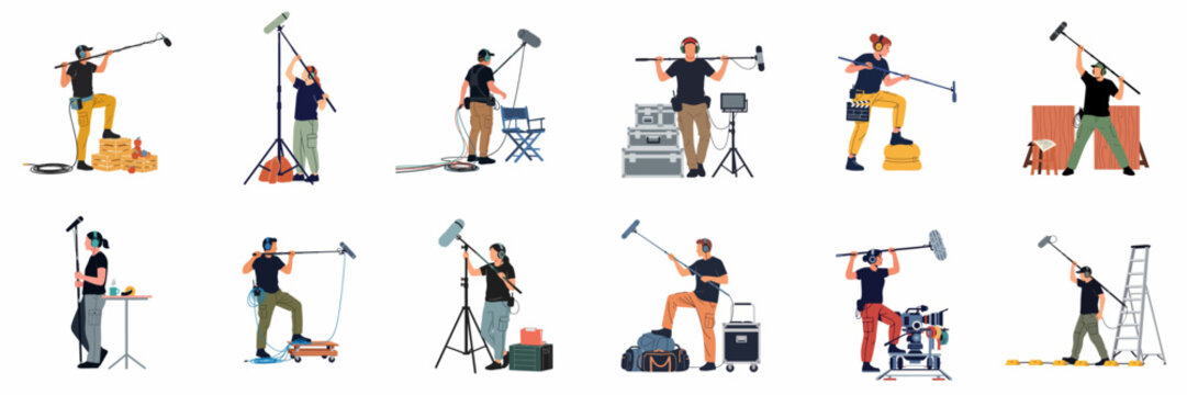 Flat illustration set of diverse professional boom operators and sound recordists working on a film production set with various audio equipment.