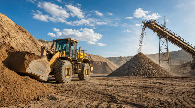 Front Loader Moving Sand and Gravel in an Active Quarry