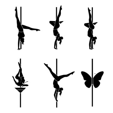 Pole dancers perform aerial acrobatic moves with butterfly nearby