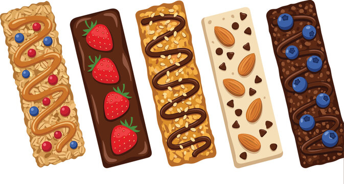 Granola bars vector illustration set featuring healthy snack energy bars with oats chocolate strawberries almonds blueberries caramel and chocolate drizzle