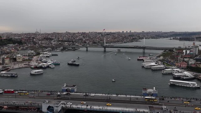 Aerial view of istanbul's golden horn and galata bridge