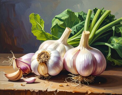 Still life of fresh garlic bulbs, cloves, and vibrant greens on a wooden surface, painted with textured brushstrokes