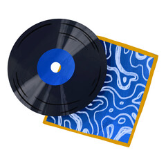 Fototapeta premium Hand drawn vinyl record with blue abstract cover art vintage music illustration for retro party decor or rock birthday invitation card background
