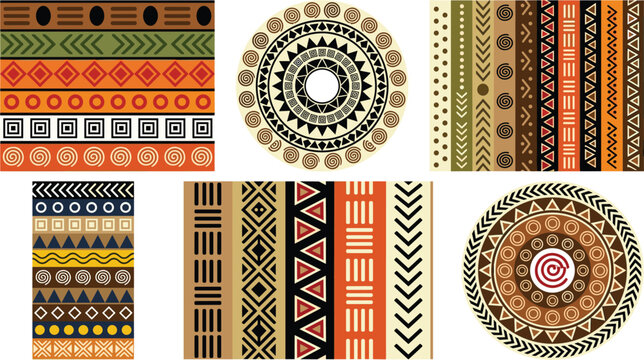 African tribal pattern vector illustration set featuring traditional ethnic geometric ornaments seamless borders and circular mandala designs in warm earth tones