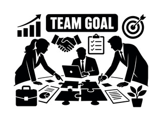 Fototapeta premium Business Team Collaboration. Banner design, clean solid filled composition showing oversized team group and giant collaboration table, three business people working together near edges, small details