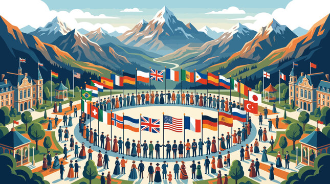 Global Summit: Diverse Nations Gather Around World Flags in Mountain Landscape