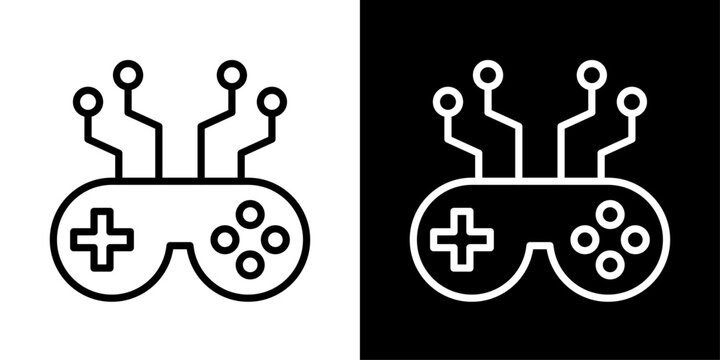 AI gaming icon in outline style featuring game controller and circuit elements representing artificial intelligence gaming, smart gameplay, interactive entertainment, and digital gaming technology.