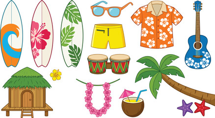 Tropical Hawaiian vacation elements vector illustration set featuring surfboards palm tree bungalow coconut cocktail ukulele guitar and summer beach items © MeheDi