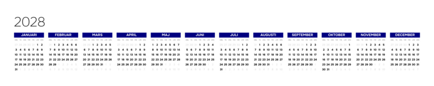 Swedish 2028 Horizontal Linear Grid Yearly Calendar Template Minimalist Corporate Annual Wall Planner (Compatible with 2056).