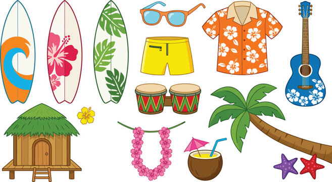 Tropical Hawaiian vacation elements vector illustration set featuring surfboards palm tree bungalow coconut cocktail ukulele guitar and summer beach items