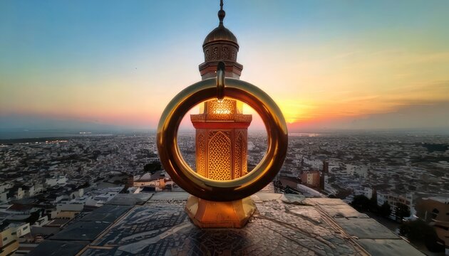 Golden Ring Framing Islamic Minaret at Sunrise Over Cityscape.