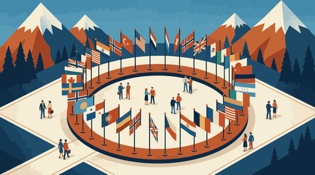 International Diplomacy Meeting: Diverse Flags and People in Summit Discussion