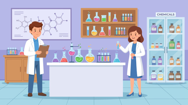Two scientists in lab coats discussing experiments in a laboratory with colorful equipment and chemicals.